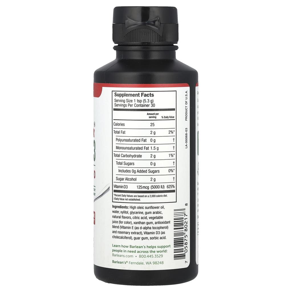 Barlean's Seriously Delicious, Liquid Vitamin D3, Strawberry Milkshake, 125Mcg(5,000Iu), 159G(5.6Oz)