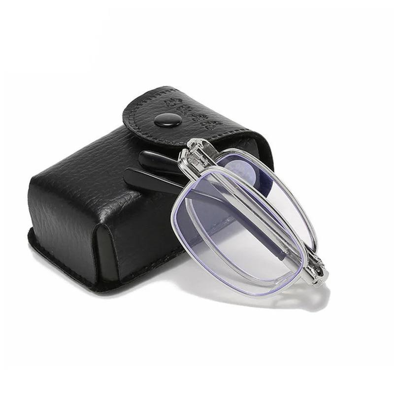 Latest Metal Material Frame Folding Reading Glasses Men And Women Anti Blue Light Gold And Silver Full Frame PC Lens With Leather Case