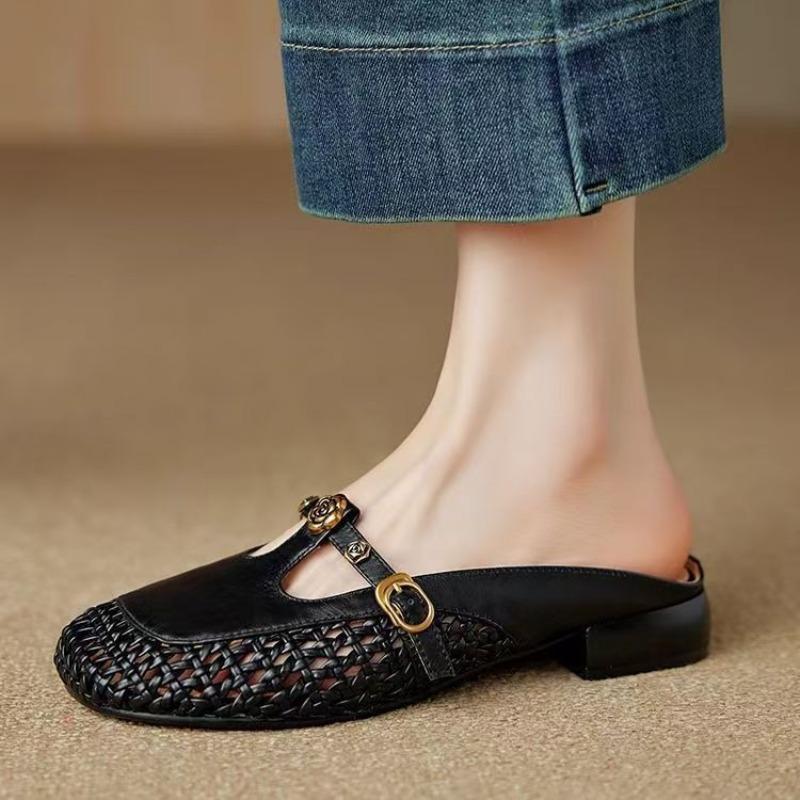 Fashion 2025 French Woven Hollow Breathable Real Leather Toe Cover Women's High Heel T-Strap Semi-Slipper Rubber Sole Basic Type