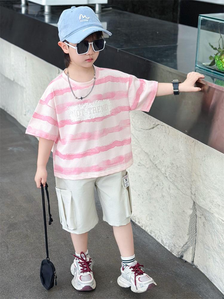 Children's Handsome Summer 2026 Casual Letter Stripe Short Sleeve Two-Piece Set