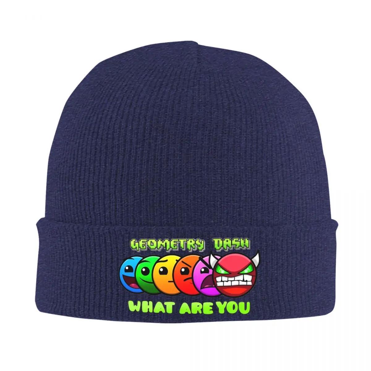 Neue Geometry Dash Was sind Sie Gestrickte Mützen für Damen Unisex Beanie Herbst Winter Hüte Acryl Geometrisch Dash Videospiel Warm blue