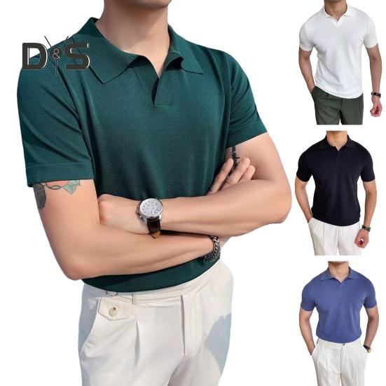 Pánské letní tričko s krátkým rukávem, ohrnutým límcem, výstřihem do V, jednobarevný volný svetr, střední délky, pro obchodní příležitosti, kancelář, randění