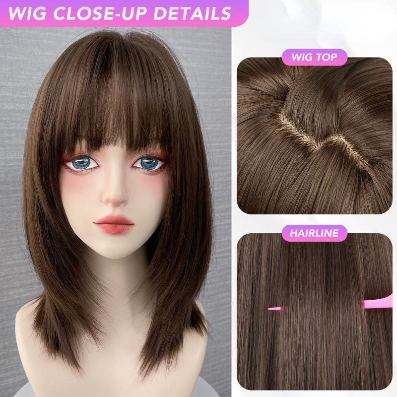 Καφέ ίσια κτυπήματα 16 ιντσών Περούκα από συνθετική περούκα Ανθεκτική στη θερμότητα χωρίς λάμψη Φυσικό κομμωτήριο Cosplay για γυναίκες Καθημερινή χρήση Κορεατική μόδα