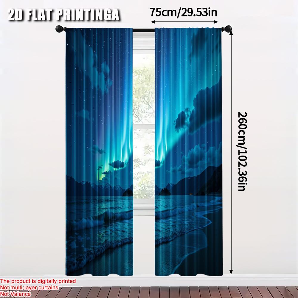 2pcs   2D flat printing Party Curtains Beach aurora Versatile 100% Polyester  Without Electricity Holiday Decorations Use for