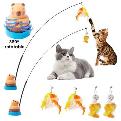Interaktiver Katzen-Teaserstab Katzenspielzeug mit austauschbaren Feder-Teaserköpfen 360-Grad-Drehbare Capybara-Basis Flexibler Katzenstab für Indoor-Kleine