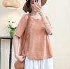 Women's Round Neck Three Quarter Sleeve Tencel Linen Loose Fit Chinese Frog Button Casual Blouse