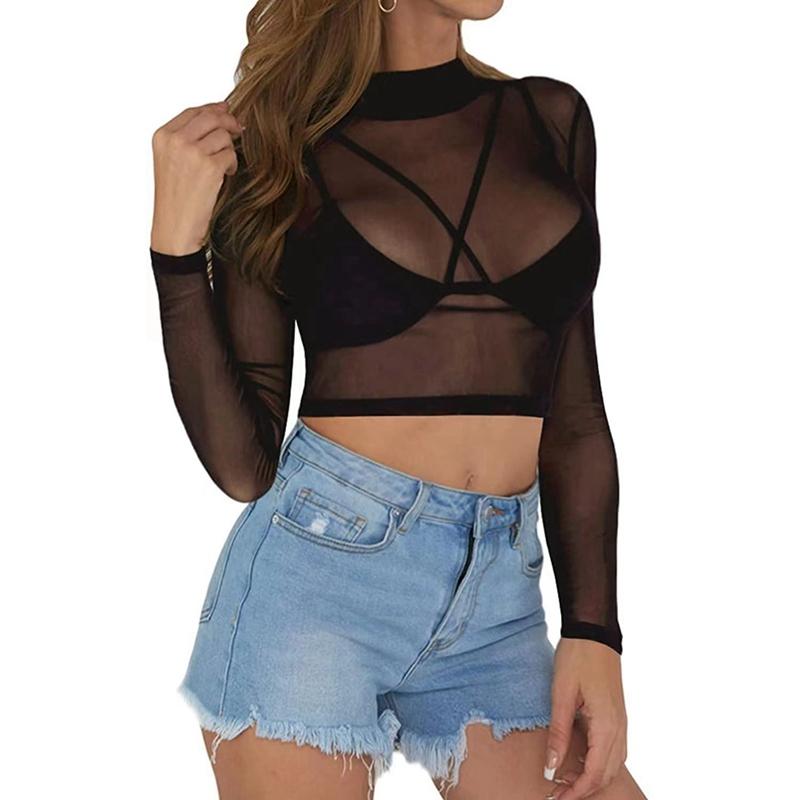 Women Mesh See-through Ultra-thin Slim Elastic Long Sleeve Top Mesh Base Shirt