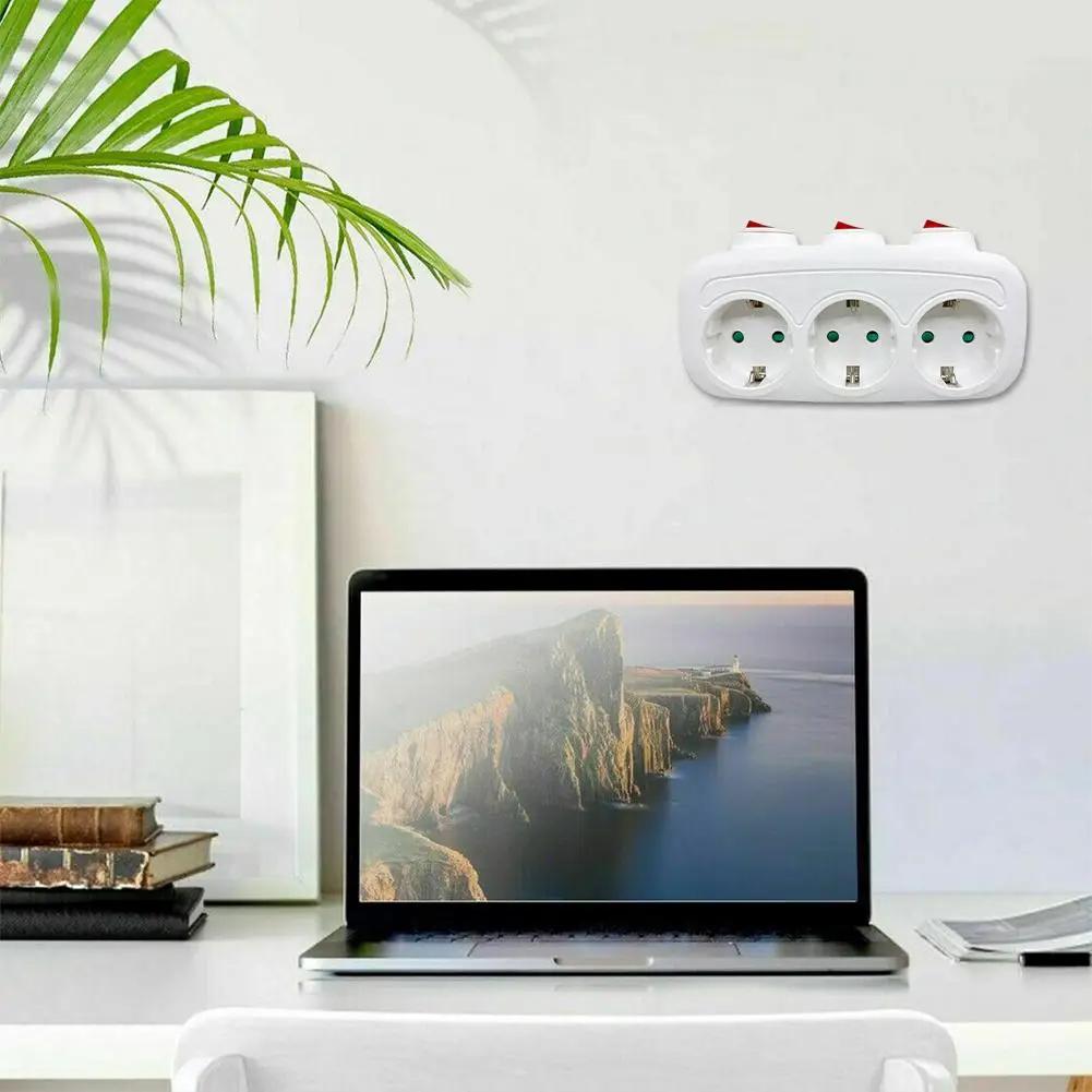 Independent Switch EU Schuko Triple Outlet Power Expansion Plug 1 to 3 Wall Socket Adapter Power Splitter For home