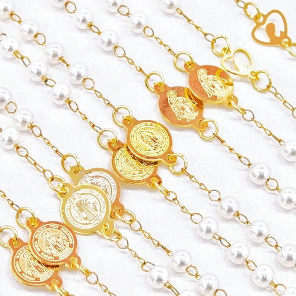 Fashion Stainless Steel Y Chain Rosary Beaded Pearl Cross Pendant Long Chain Sweater Chains Daily Wear