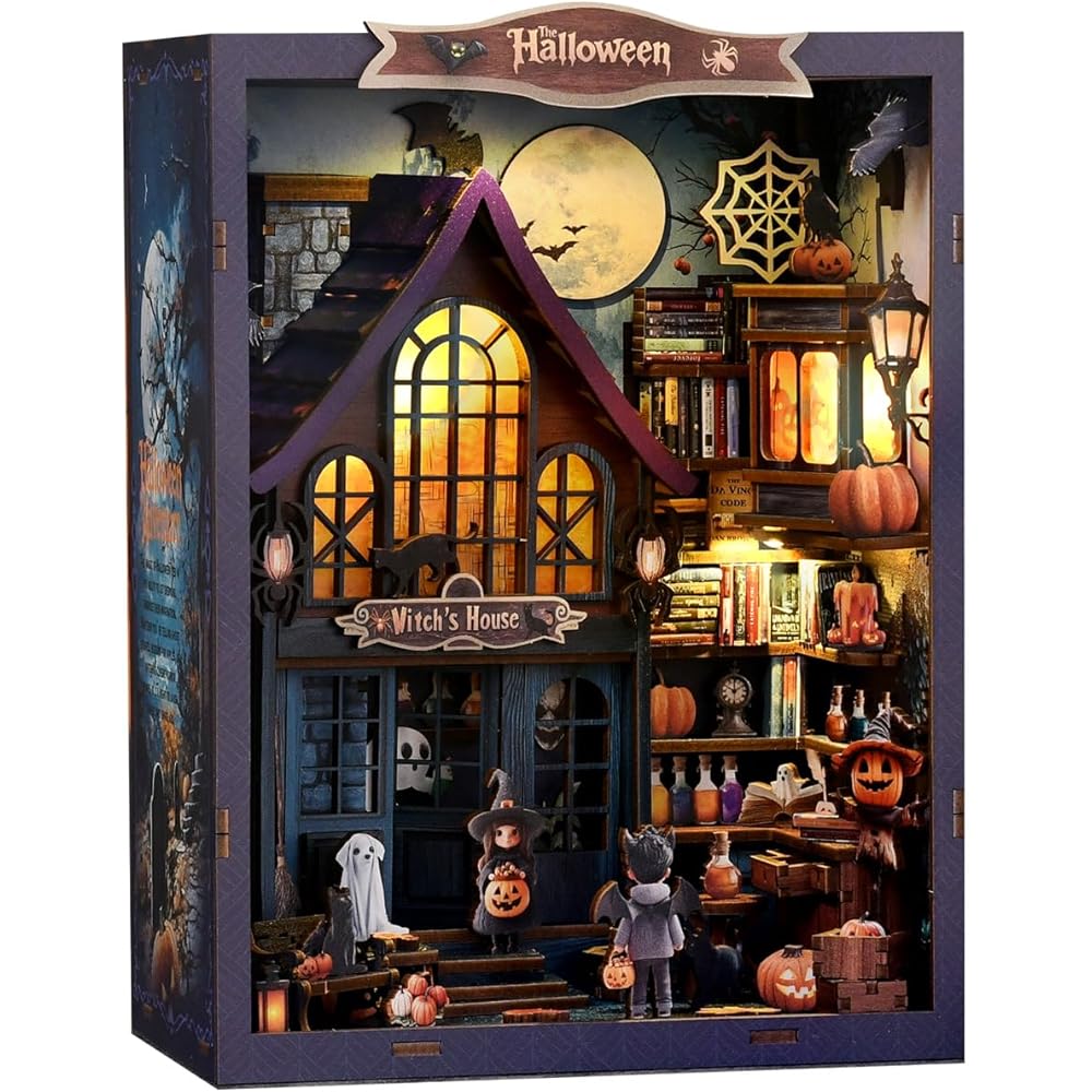 CRESYMME Miniature House Dollhouse Book Nook Kit Wooden DIY 3D Craft Halloween Castle Design