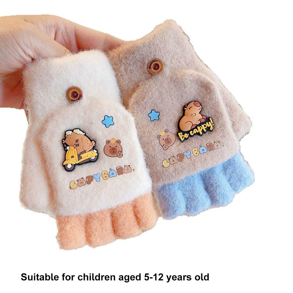 Cold-Proof Capybara Winter Flip Gloves Thickened Kids Knitted Mitten Half Finger Gloves Writing