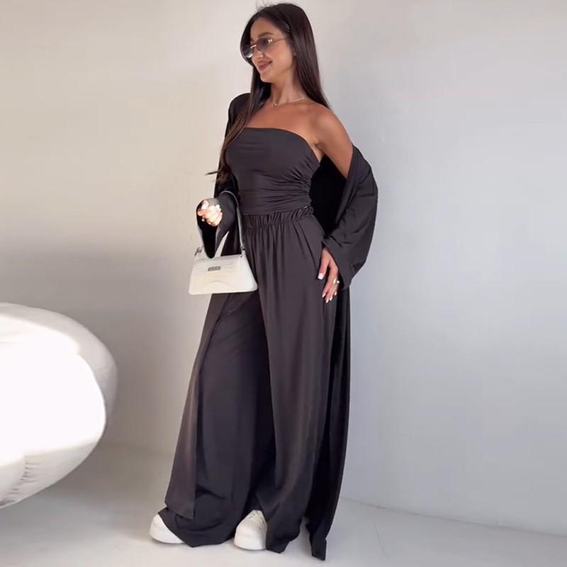 2025 Summer Women’s Strapless Vest, Long Cardigan, and Wide-Leg Pants Set