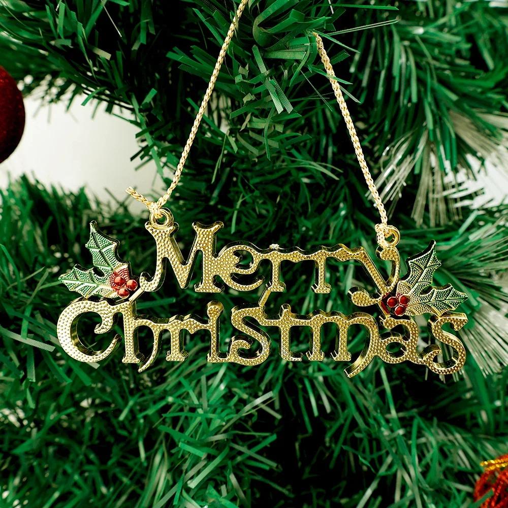 Christmas Letters Hanging Sign 3D Holes Designed Merry Christmas Gold Pendant Home Party Xmas Tree Door Hanging Decoration 2024