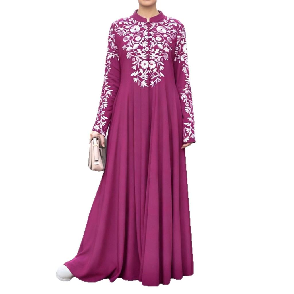 2026 New Cross-border European and American Amazon Dress Ethnic Style Women's Long-sleeved Printed Stand-up Collar Big Swing Dress