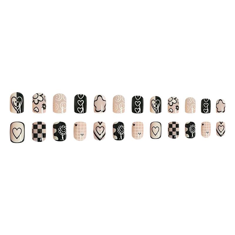24pcs Press On Nails Cute Checkerboard Black and White Short Nails Love Foreign Trade Style Simple Pure Desire Fake Nails Removable Short Nails
