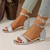 2025 Summer Plus Size Women's Modern Cover Heel Sandals Ankle Buckle Strap Shoes Bling Crystal Low Heel Dress Sandals
