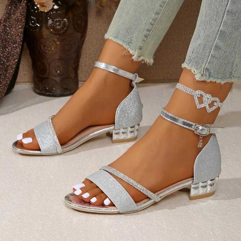 2025 Summer Plus Size Women's Modern Cover Heel Sandals Ankle Buckle Strap Shoes Bling Crystal Low Heel Dress Sandals