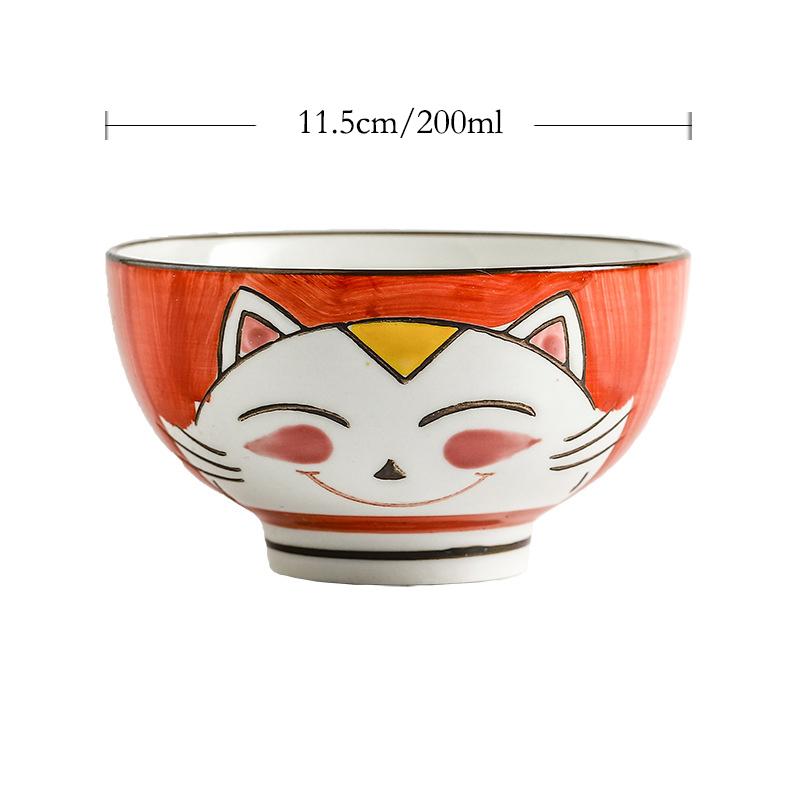Set of 2pcs Cartoon Cat Bowl Ceramic Rice Bowl Cute Kitten Design Salad Bowl Maneki Neko Gift Household Dinnerware 4.5 Inch