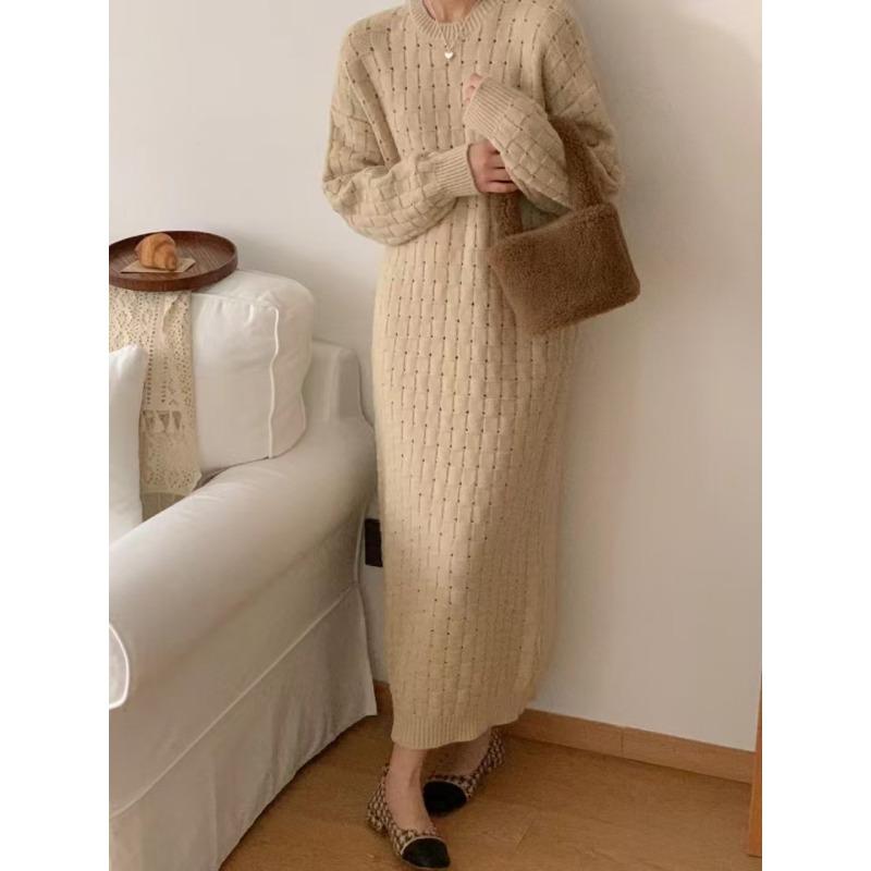 Temperament round neck loose knitted dress women's autumn and winter new fashion casual inside with backing sweater skirt
