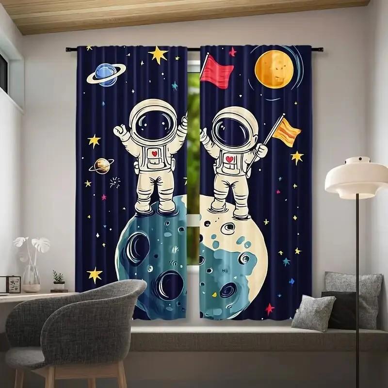 

2pcs Spaceman Print Curtain Blackout Drapes Polyester Living Room Decor Holiday Window Dressing Rod Pocket Curtains 24x59in(60x150CM)x2&Rod Pocket