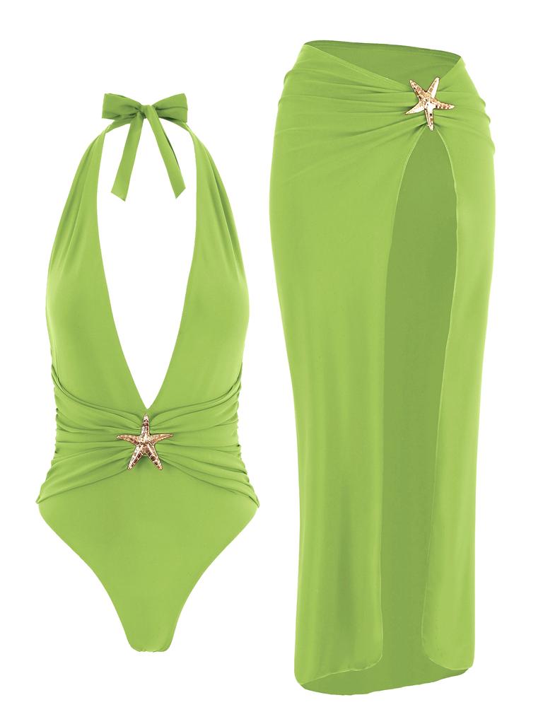 Women's Sexy Halter One Piece Swimsuit Wrap Half Skirt Beach Cover Up 2026 Holiday Chic High Cut Out Swimwear Two-piece Set K59