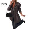 Women Coat Elastic Slim Waist Smooth Surface Faux Leather Turn-down Collar Jacket Mid Length Solid Color Double-breasted Outerwear