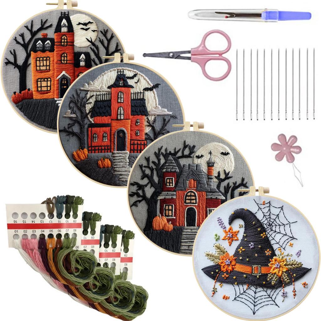 4pcs Stamped Cross Stitch Kits with Embroidery Hoop Needles Threads Instruction Embroidery Kit Cross Stitch Set for Beginners