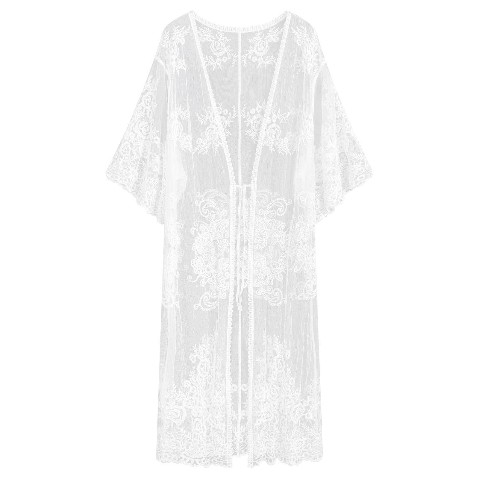 

Women Lace Kimono Cardigan Mesh Cover Up Long Sleeve Hollow Out Crochet Open Front Lightweight Outerwear for Beach Pool білий