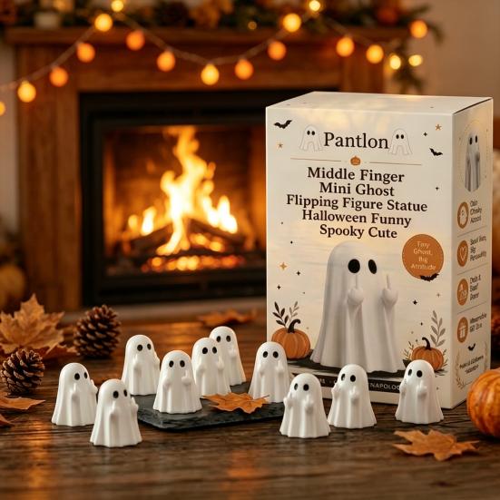 Small Haunted House Props Mini Ghost Flipping Middle Finger Figurines for Halloween Decorations, Miniature Resin Office Shelf Ornaments Statue Tiered