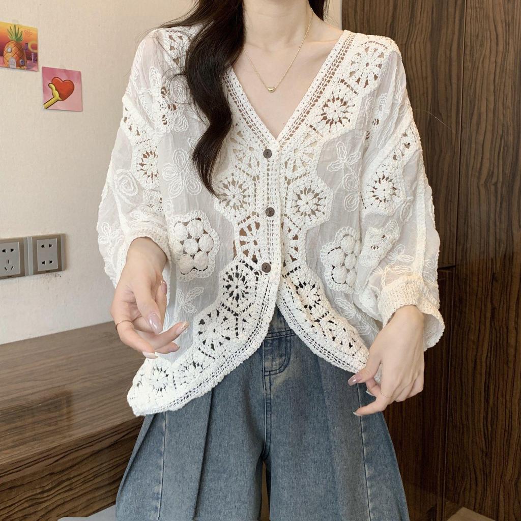 Bohemian Crochet Lace V-Neck Plus Size Sun Protection Cardigan for Women
