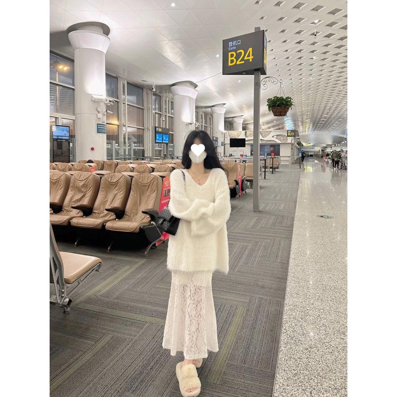 French Chic White Faux Mink V-Neck Sweater Coat - Loose, Thick, and Stylish for Autumn & Winter