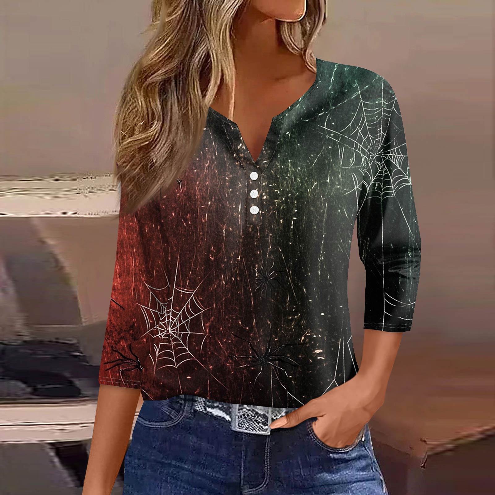 

Женская модная повседневная футболка с V-образным вырезом, рукавами семь, напечатанным на пуговицах XXL винный