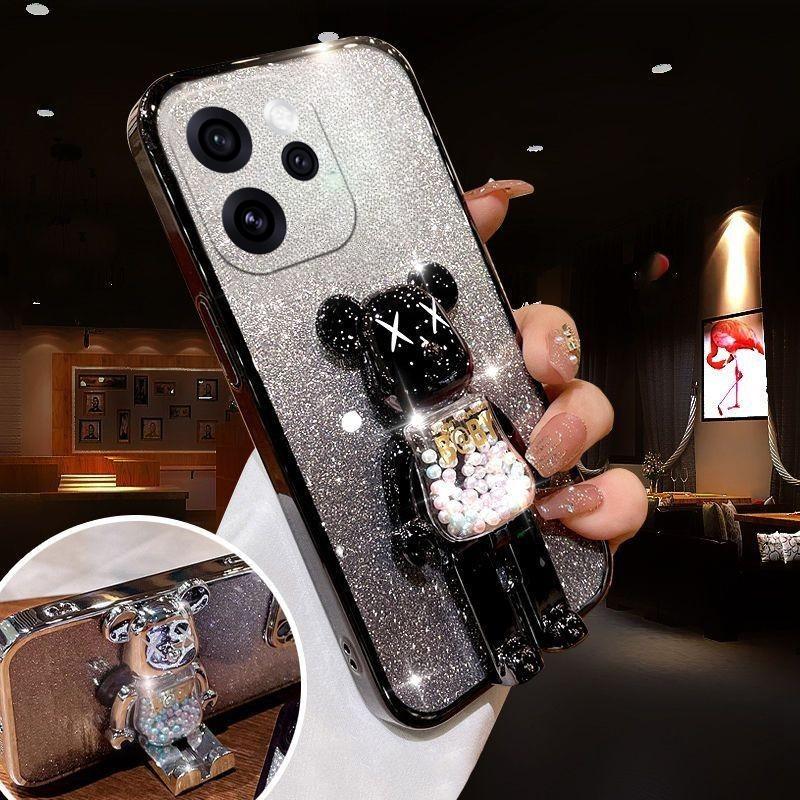 For OPPO Reno 15 Pro 15F Case with Cartoon 3D Bear Stand Luxury Slim Gradient Plating Glitter Girls Stylish For OPPO Reno 15F 15 Pro Back Cover