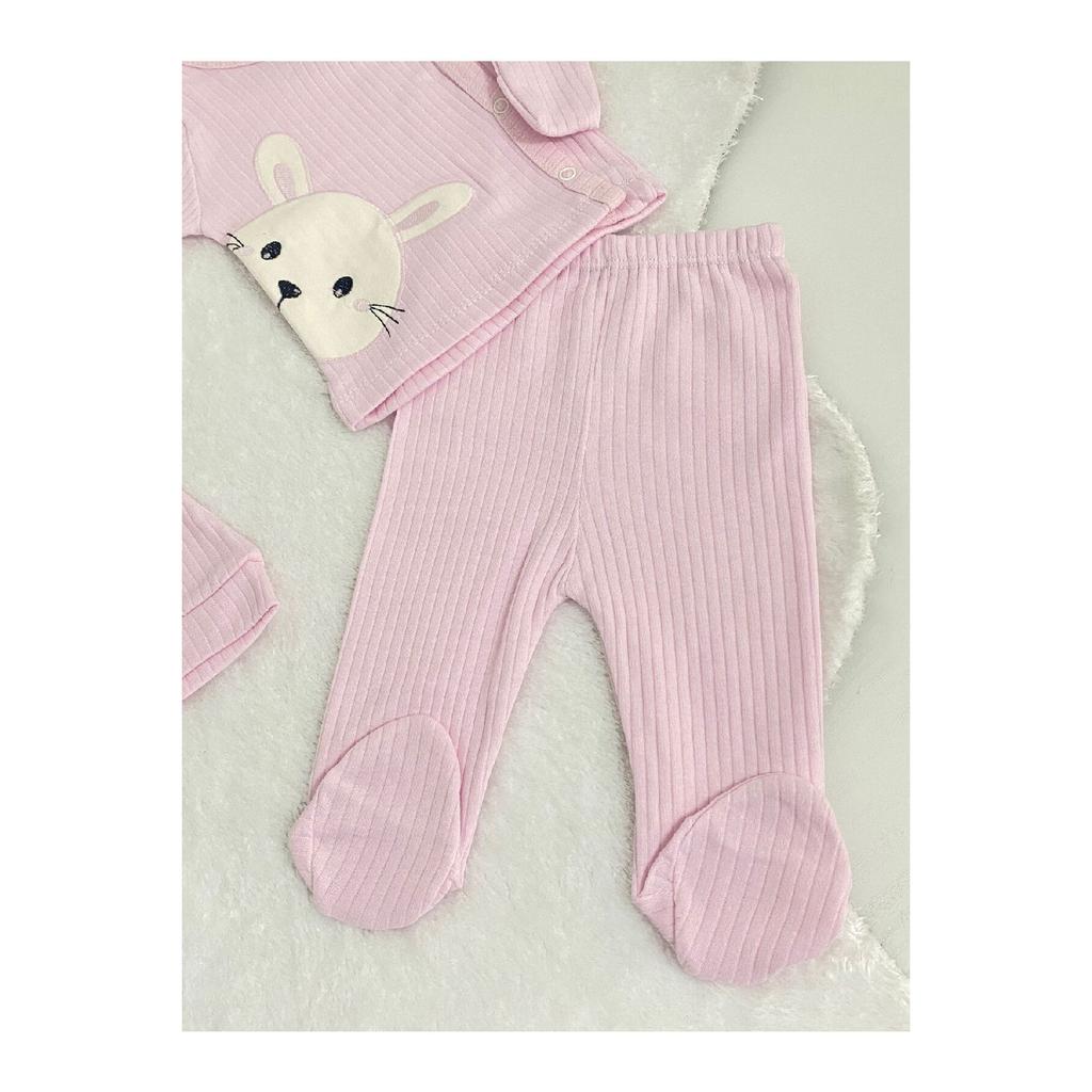 Set dettagliato per dimissioni ospedaliere da 3 pezzi con coniglietto per bambina, vestito per neonato da 0 a 3 mesi, 50-56 cm, cotone biologico