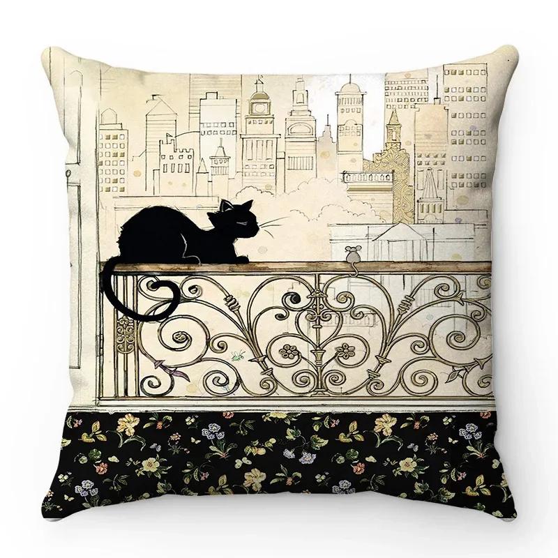 Retro black cat cartoon anime cat French decorative bedroom sofa seat car restaurant study room pillow sleeve pillowcase