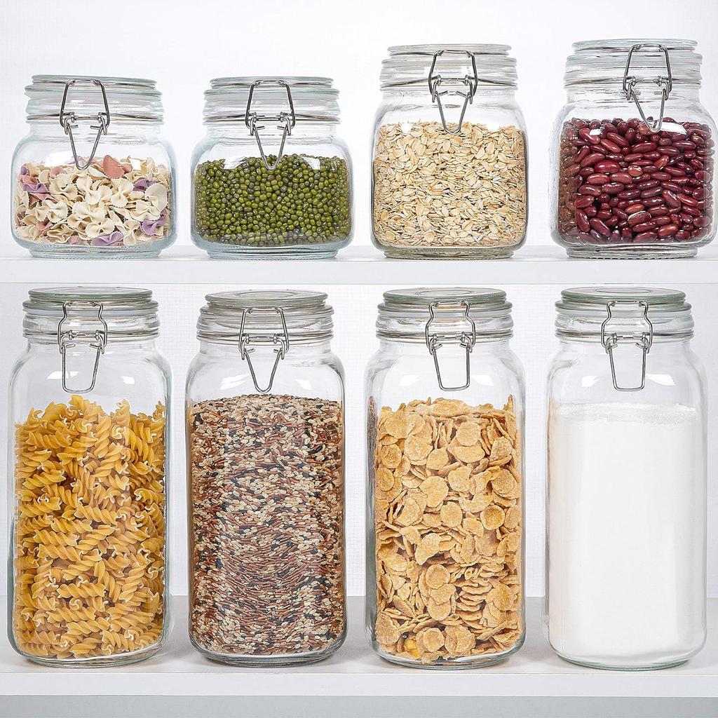 Airtight Glass Jars with Lids Set of 3. 78oz Glass Jar with Lid and 6 Silicone Seals! Large Glass Food Storage Containers. Square Mason Jar