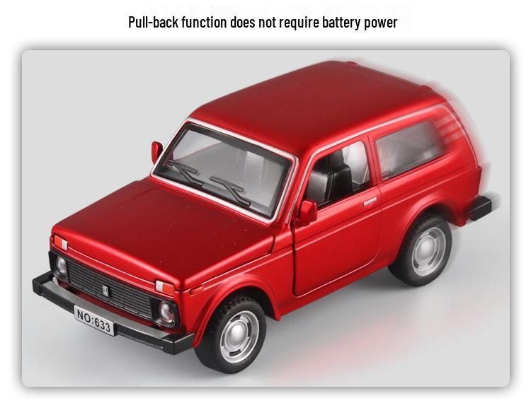 Boxed 1:32 Lada Jeep Alloy Car Model Toy with Pull-Back, Sound, and Light.