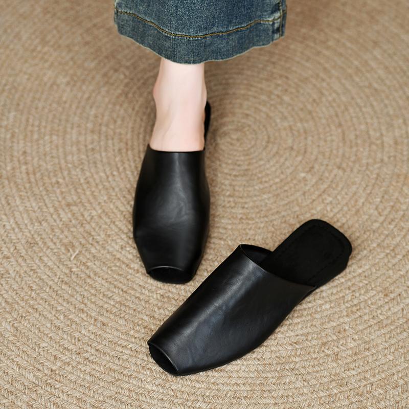Fashion New Summer Women Mules Leather Shoes for Women Peep Toe Low Heel Shoes Cover Toe Sandals Fashion Modern Slippers Slides Women
