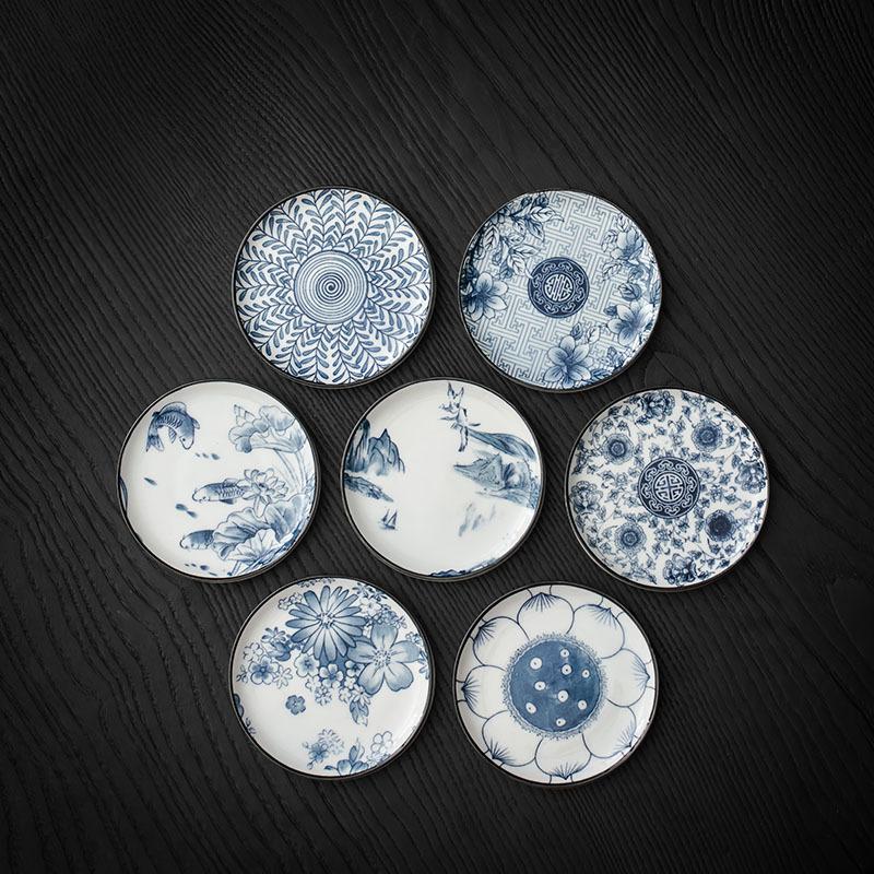 Ceramic Tea Set Coasters Heat-resistant Cup Holders Retro Underglaze Blue and White Porcelain Tea Ceremony Accessories
