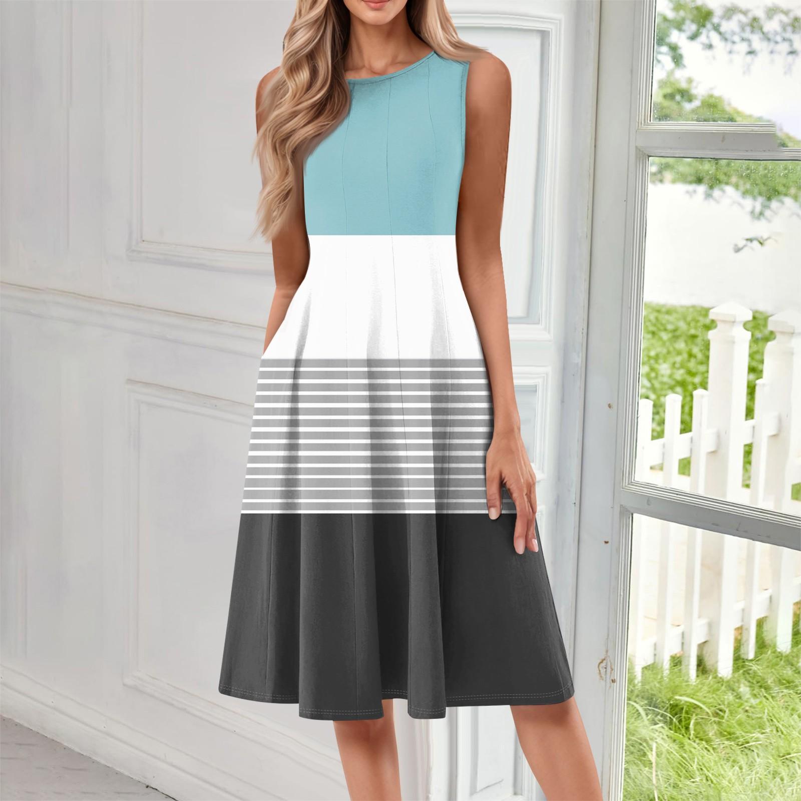 

Women s Casual Fashion Round Neck Sleeveless Print Midi Dress XXL світло-синій колір