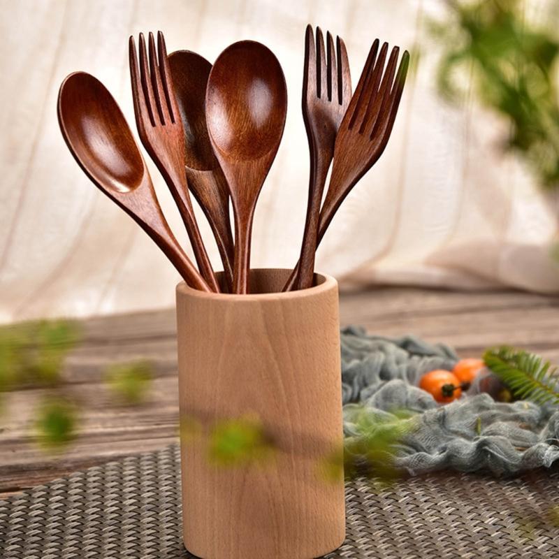 Japanese Style Long Handle Wooden Spoon And Fork Kitchenwares Set Portable Durable Utensils For Soup Serving Cooking Tool