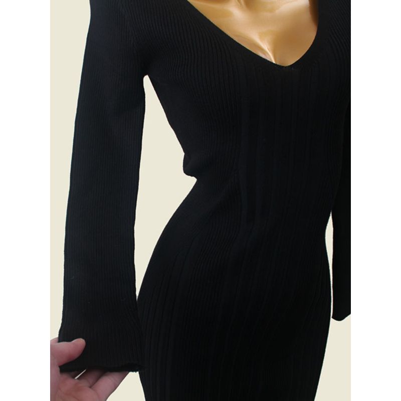 American Brand Fine Rib V-neck Autumn and Winter Base Skirt Foreign Trade Original Order Solid Long sleeve Sheath Slim fit Long dress