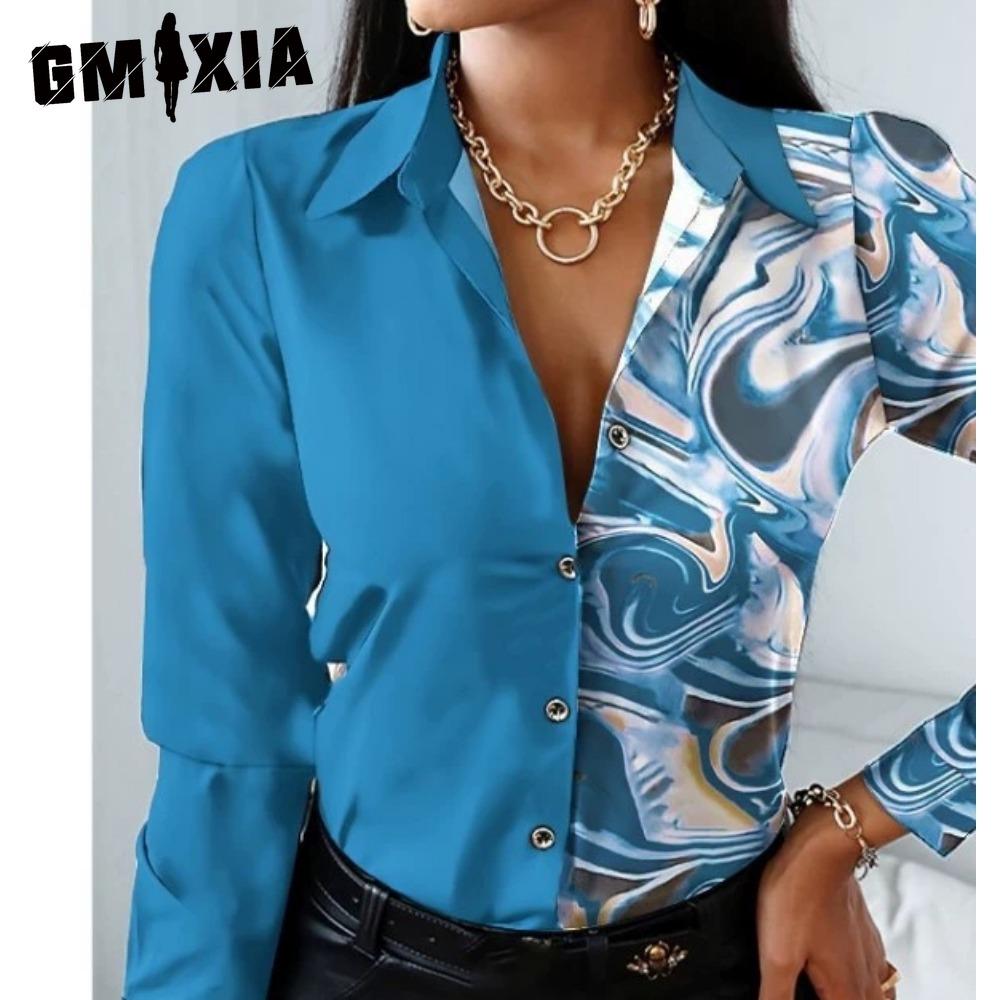 GMXIA Women's Fashion Casual Solid Color Print Long Sleeve POLO Neck Blouses & Shirts