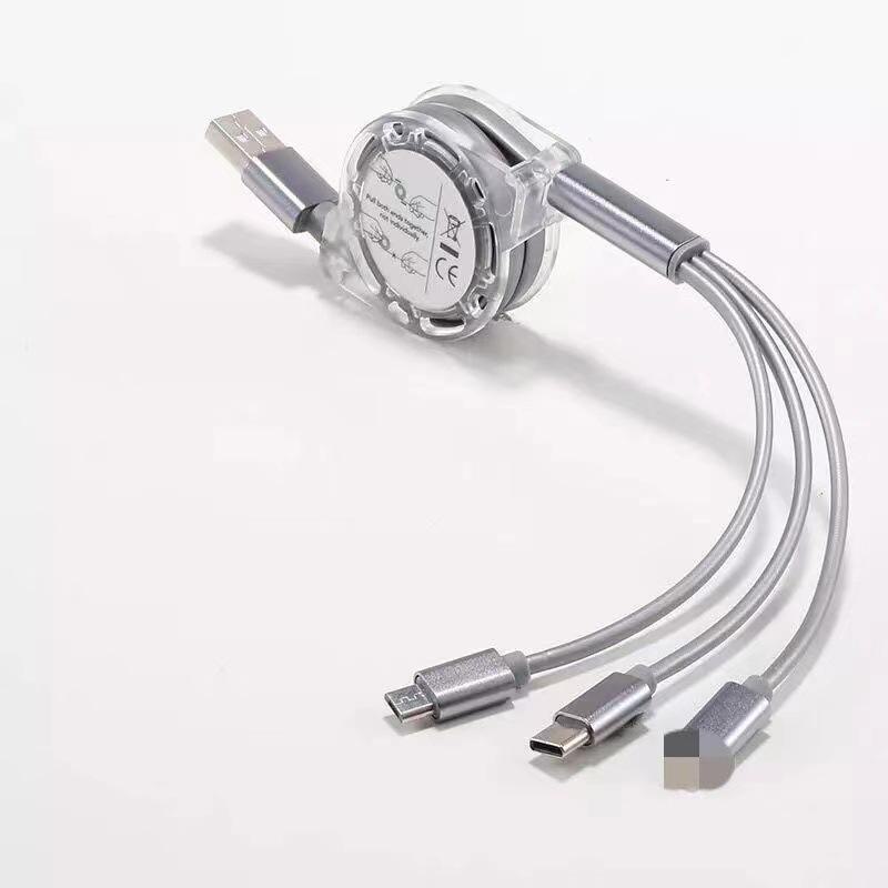 Retractable Crystal One-to-Three Fast Charging Cable: Multi-function for Mobile Phones.