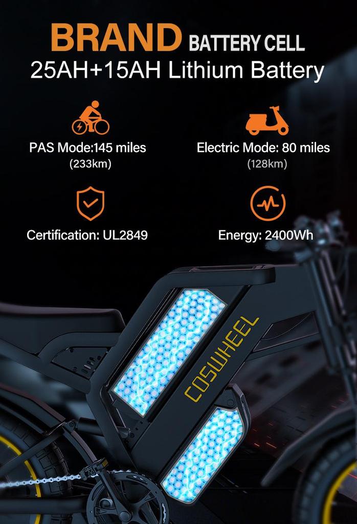 COSWHEEL GT20 Max Ebike 1500W 48V40AH Electric Motorcycle Max 145 Miles Fat Tire Mountain Electric Bike Adult Off-Road Bicycle