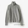 Women's European Style Pure Wool Turn-Down Collar Cashmere Cardigan with Double Zipper Knitwear.
