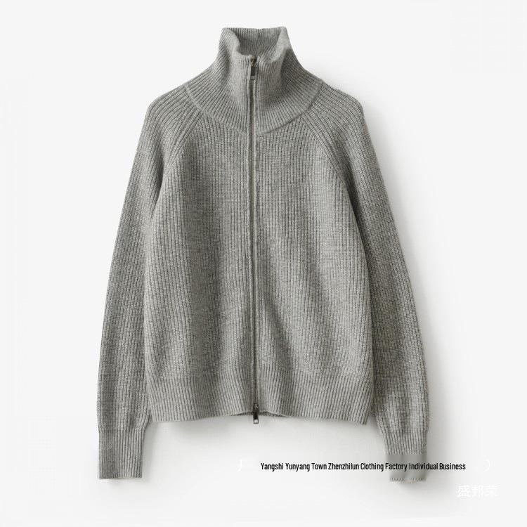 Women's European Style Pure Wool Turn-Down Collar Cashmere Cardigan with Double Zipper Knitwear.