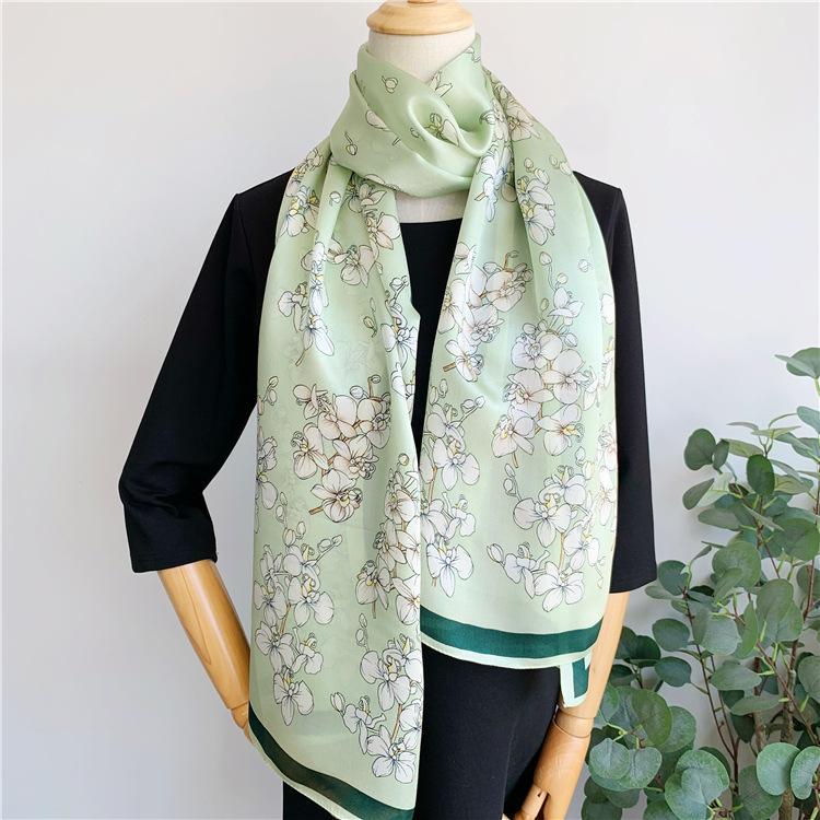 Silk Spring And Autumn Silk Temperament Floral Long Mulberry Silk Silk Scarf Versatile Scarf Sunscreen Shawl