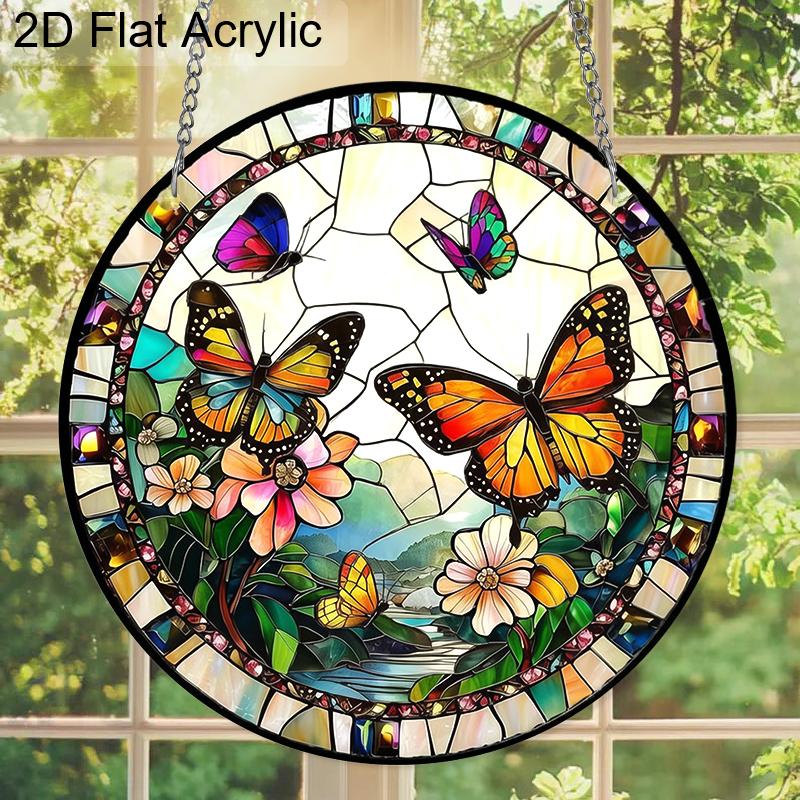 Acrylic Colorful Butterflies and Flowers Suncatcher, Stained Glass Style Window Hanging Ornament for Nature and Garden Lovers