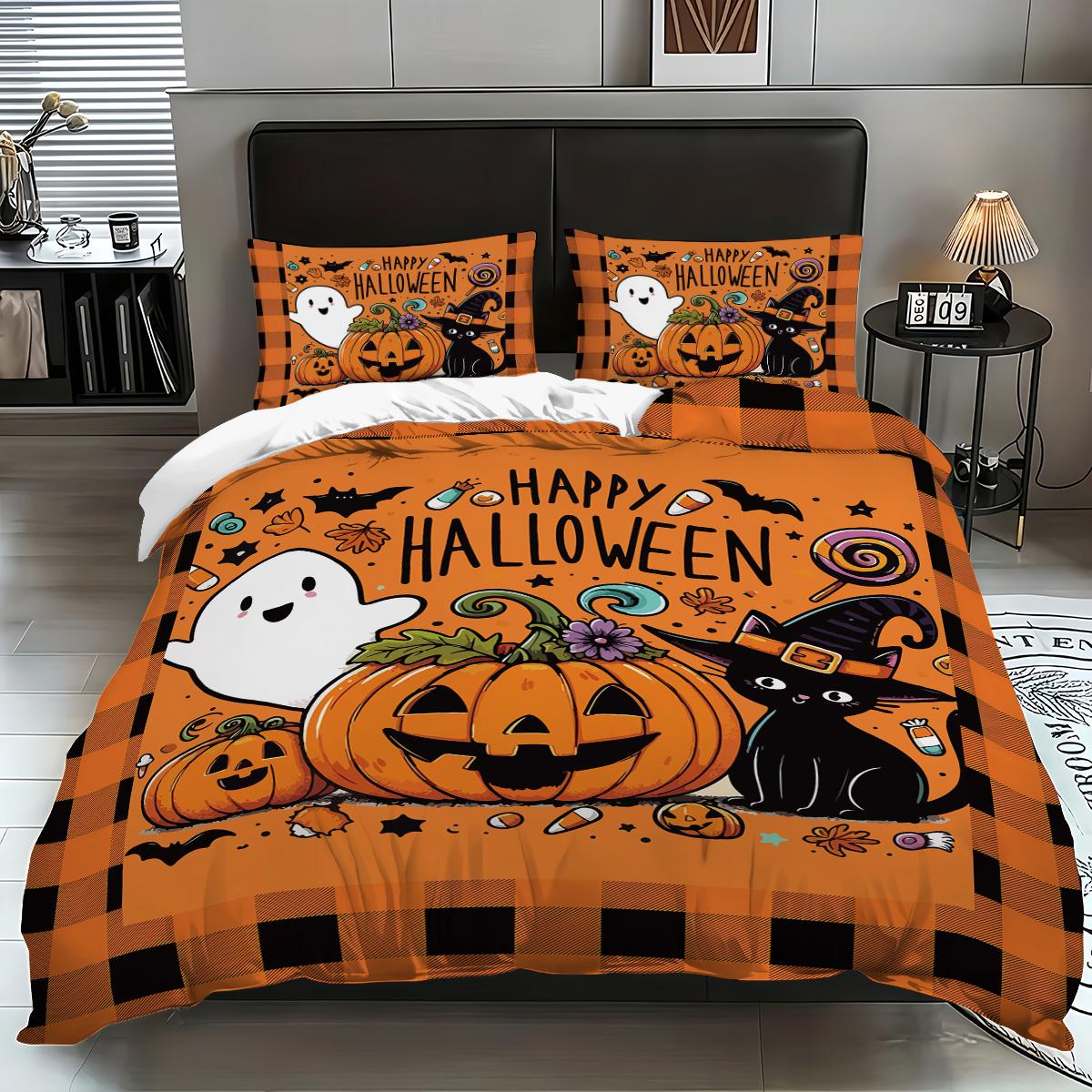

3-piece Halloween themed evil pumpkin pattern, 1 quill cover+2 pillowcases, coreless, soft and comfortable bedding set 135x200cm-EU-Single&set